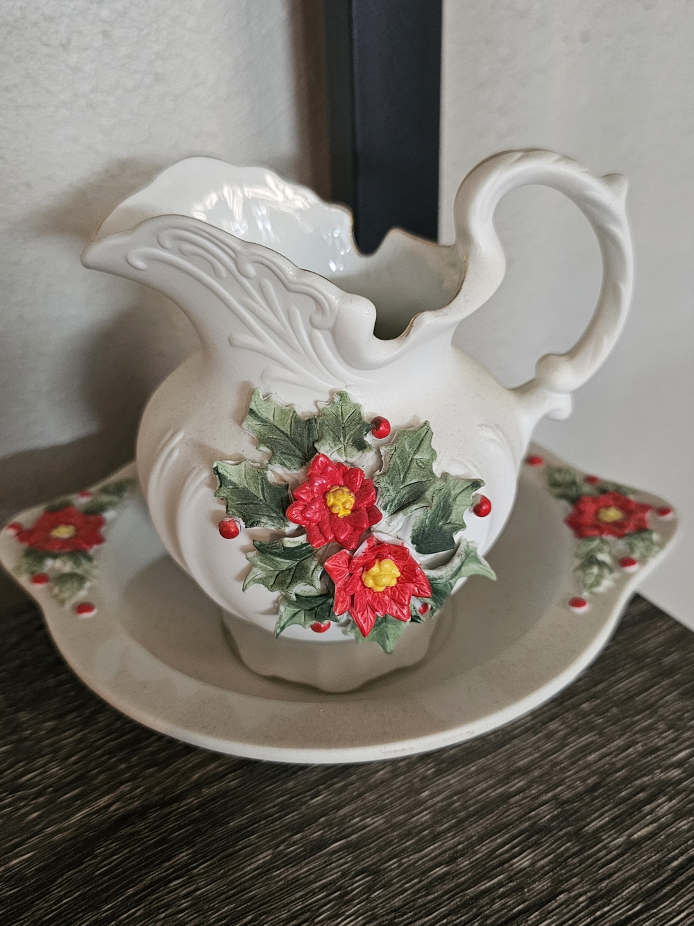 Lefton White Ceramic Pitcher and Bowl Set with Red Poinsettias and Green Leaves